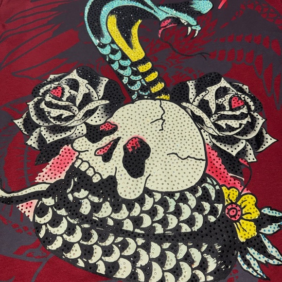 Ed Hardy Red Short-Sleeve Tee with Skull, Snake & Rose Graphic - Picture 4 of 8